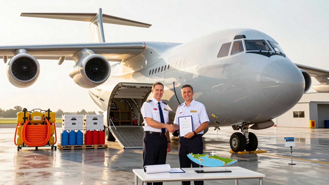Dois homens apertam as mãos em frente a um avião de carga com a porta aberta, mesa com mapa em primeiro plano.
