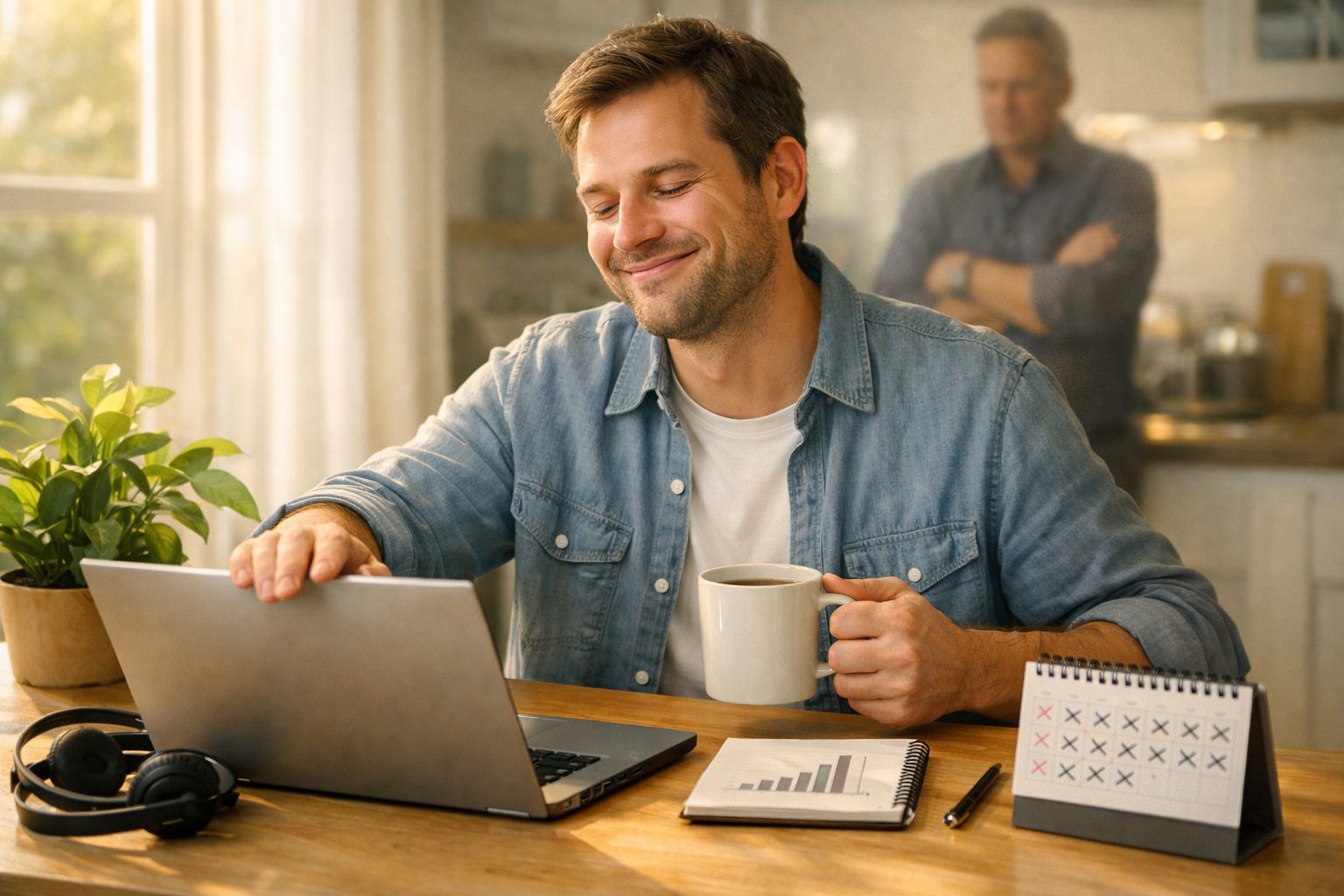 Mulher em videochamada num portátil, sentada junto a uma mesa com fones e calendário ao lado, planta ao fundo.