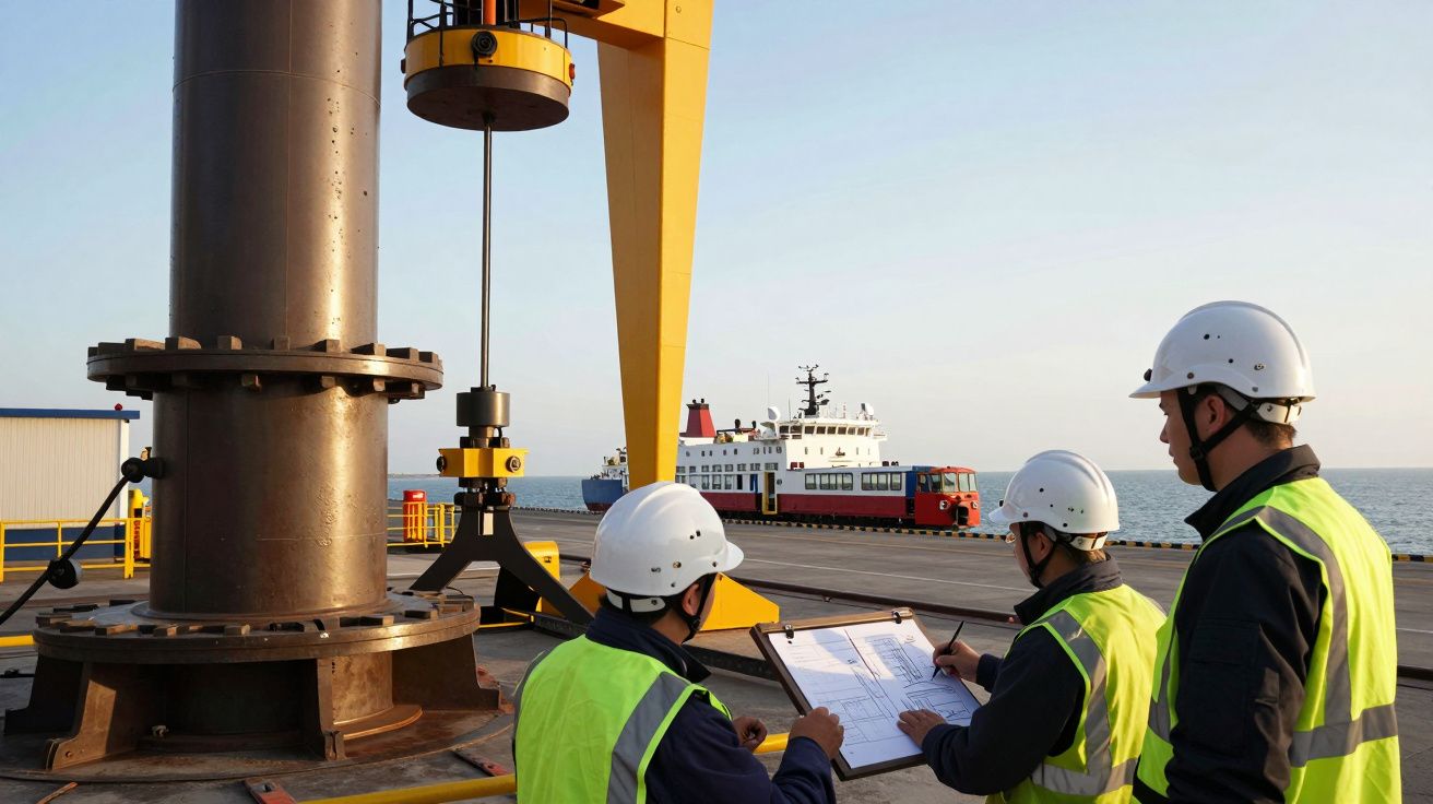 Três trabalhadores com capacetes observam equipamento no cais, com barco ao fundo no porto.