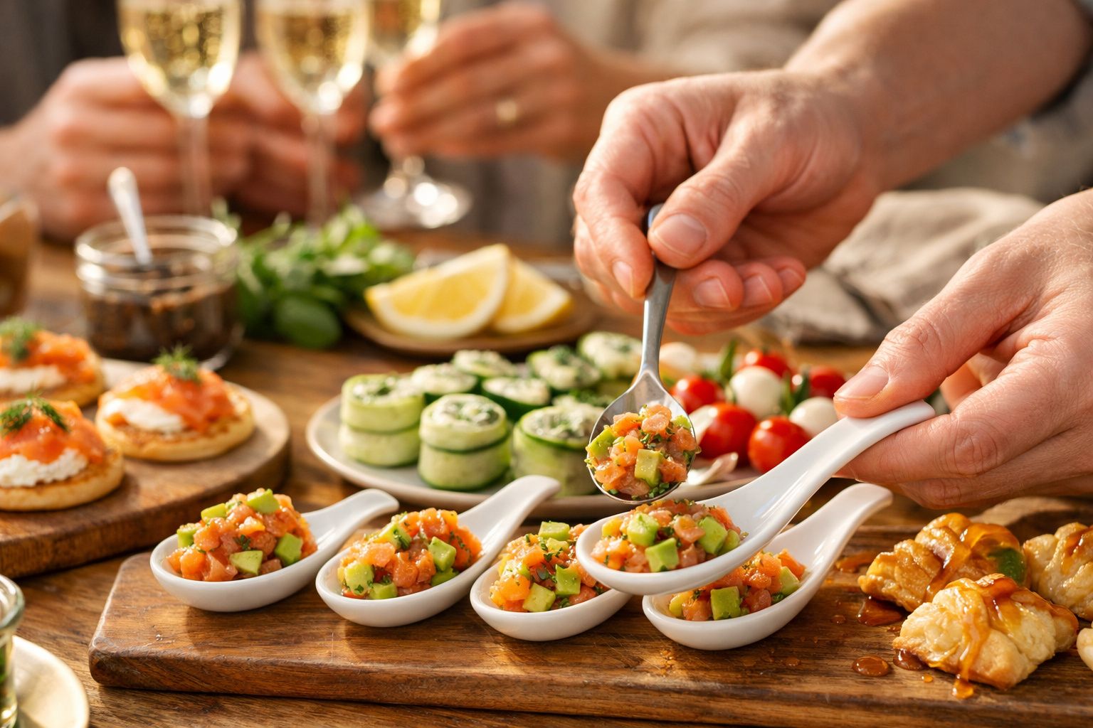 Mão servindo salada de salmão em colher de porcelana com tábuas de aperitivos ao fundo.