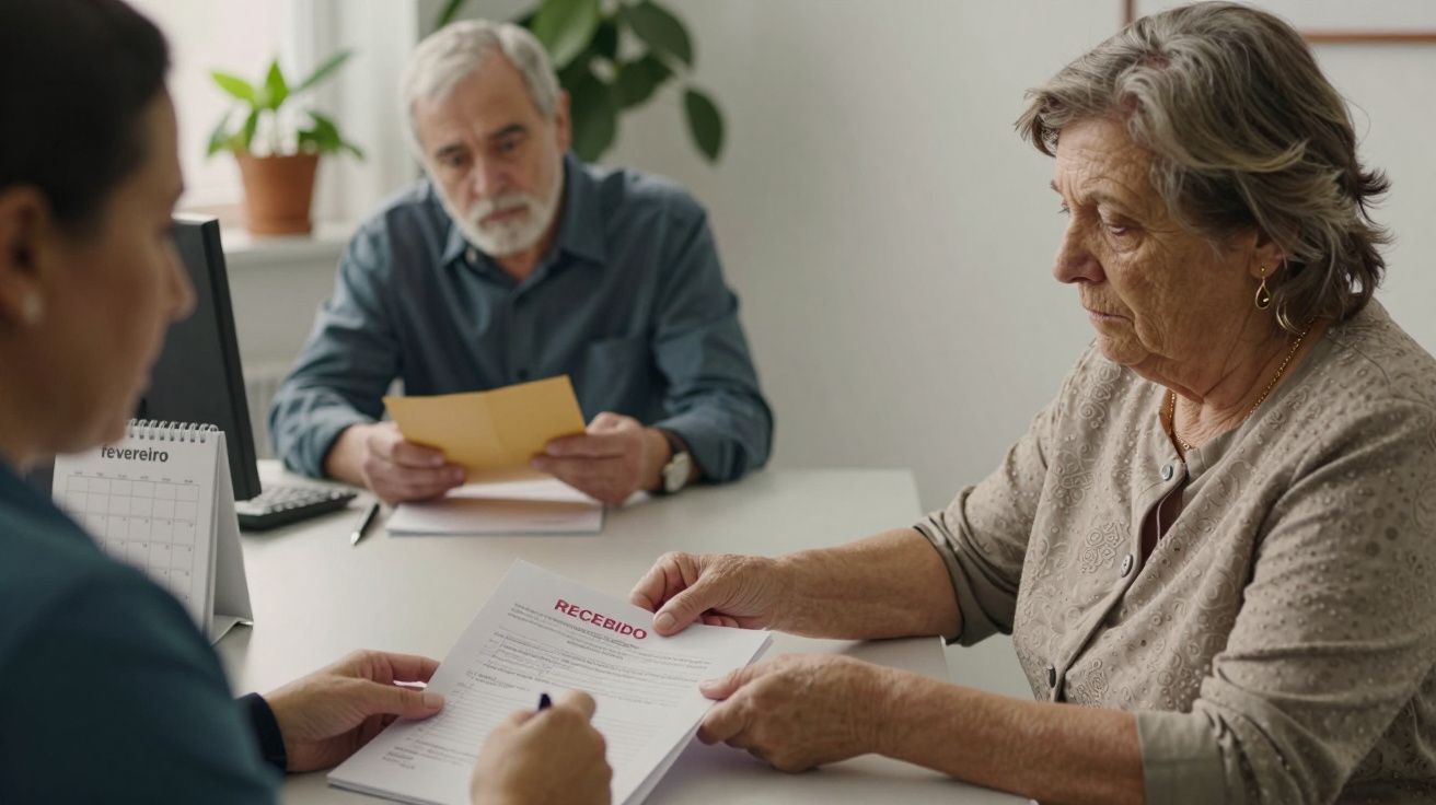 Mulher idosa segura um recibo enquanto conversa com uma pessoa na mesa; homem ao fundo lê um documento.