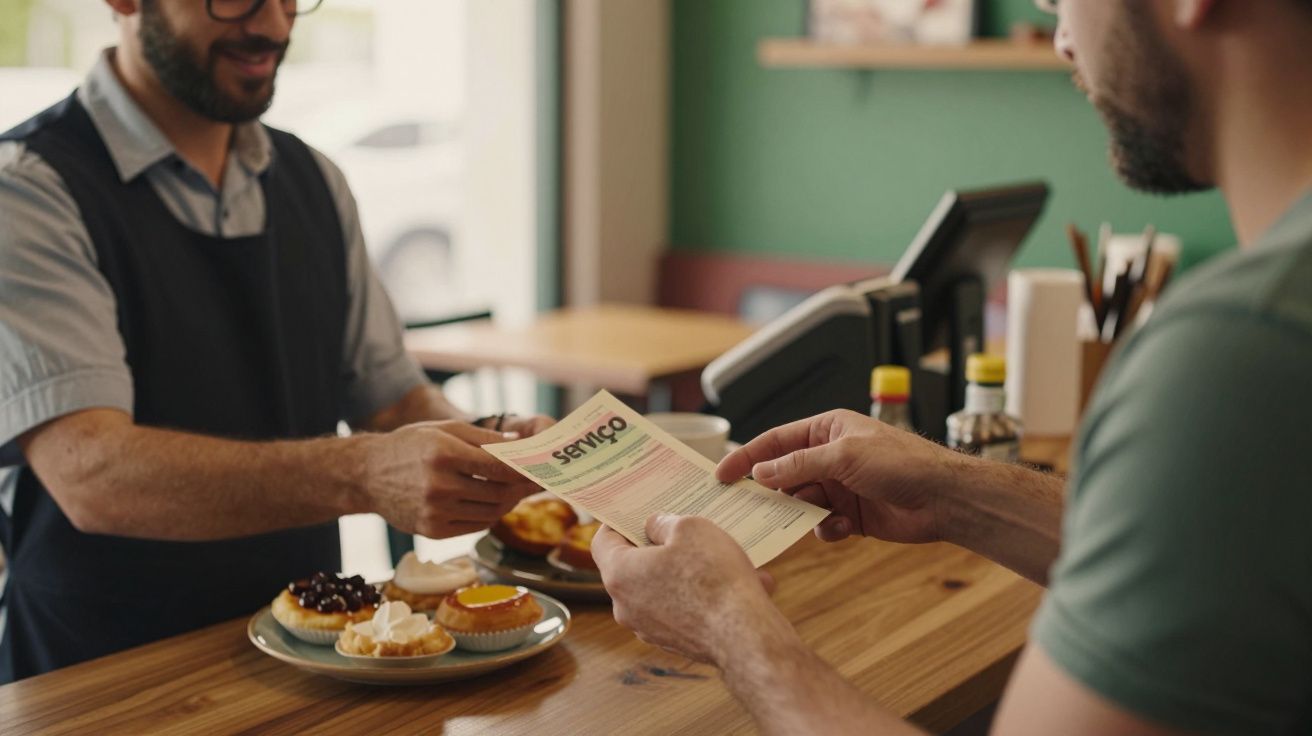 Cliente paga ao funcionário numa padaria, segurando uma fatura. Na bancada há uma bandeja com pastelarias.