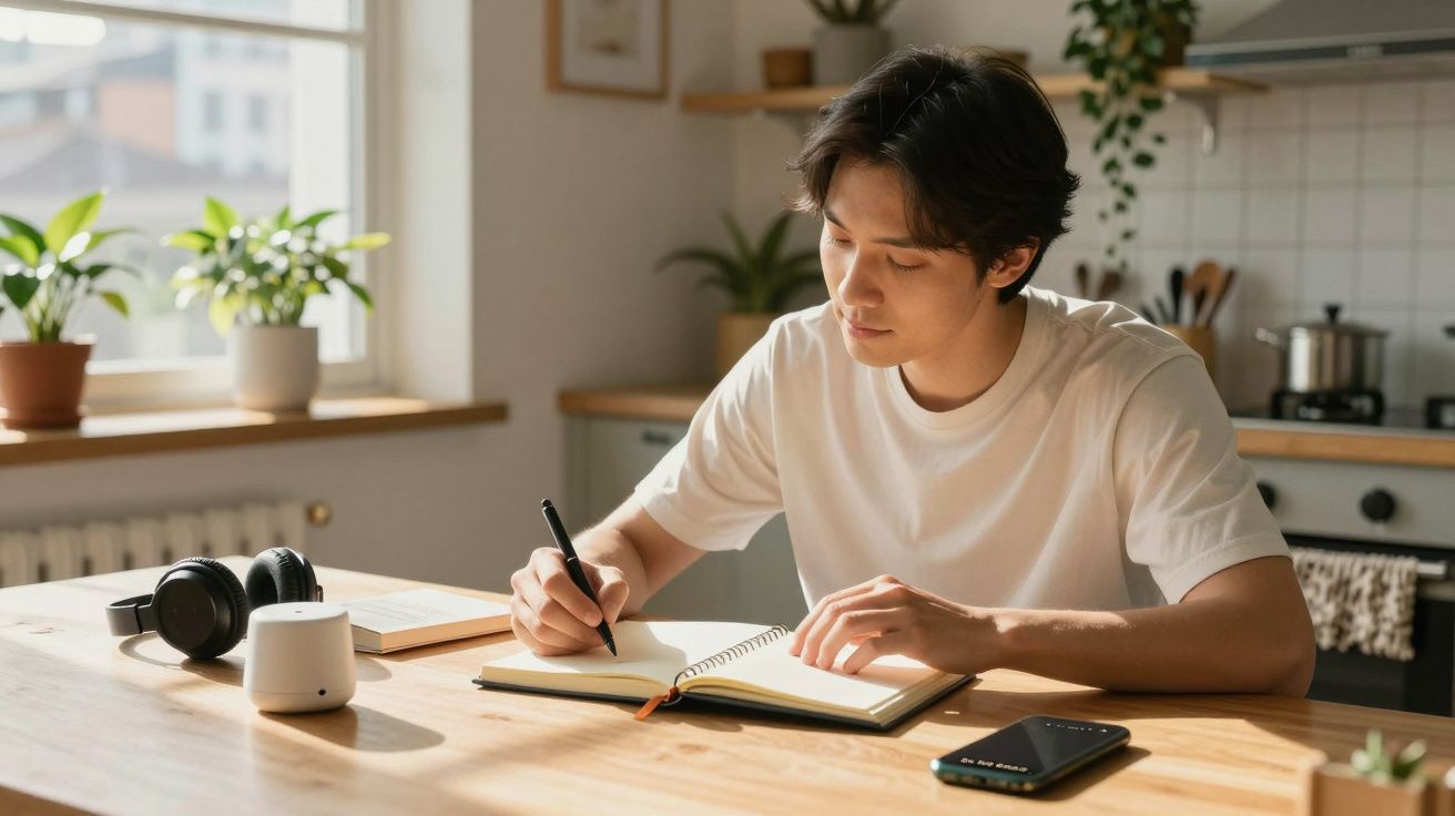 Homem jovem escreve num caderno numa cozinha iluminada. Ao lado, auscultadores e telemóvel sobre a mesa.