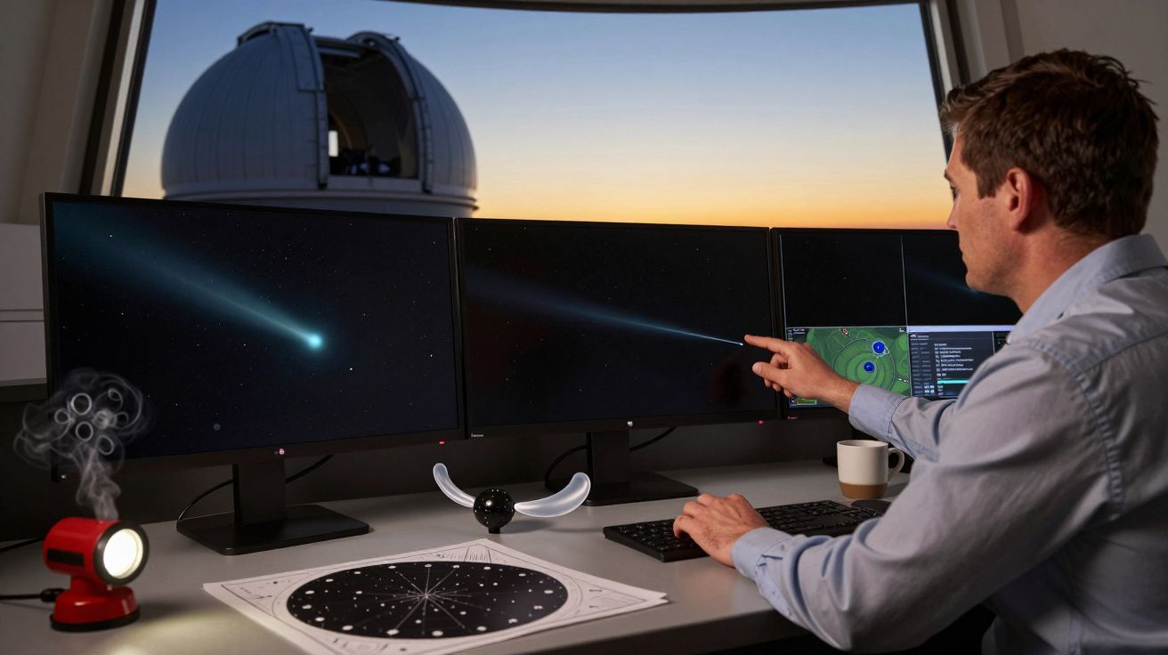 Homem num observatório aponta para ecrãs com imagens de espaço, ao entardecer, com cúpula ao fundo.