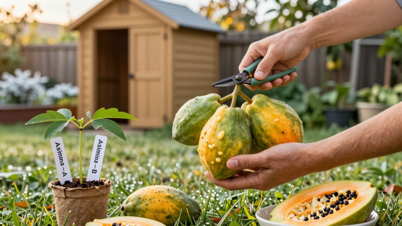 Mãos colhem mamões maduros no jardim, ao lado de plantações jovens com etiquetas. Uma casa pequena ao fundo.