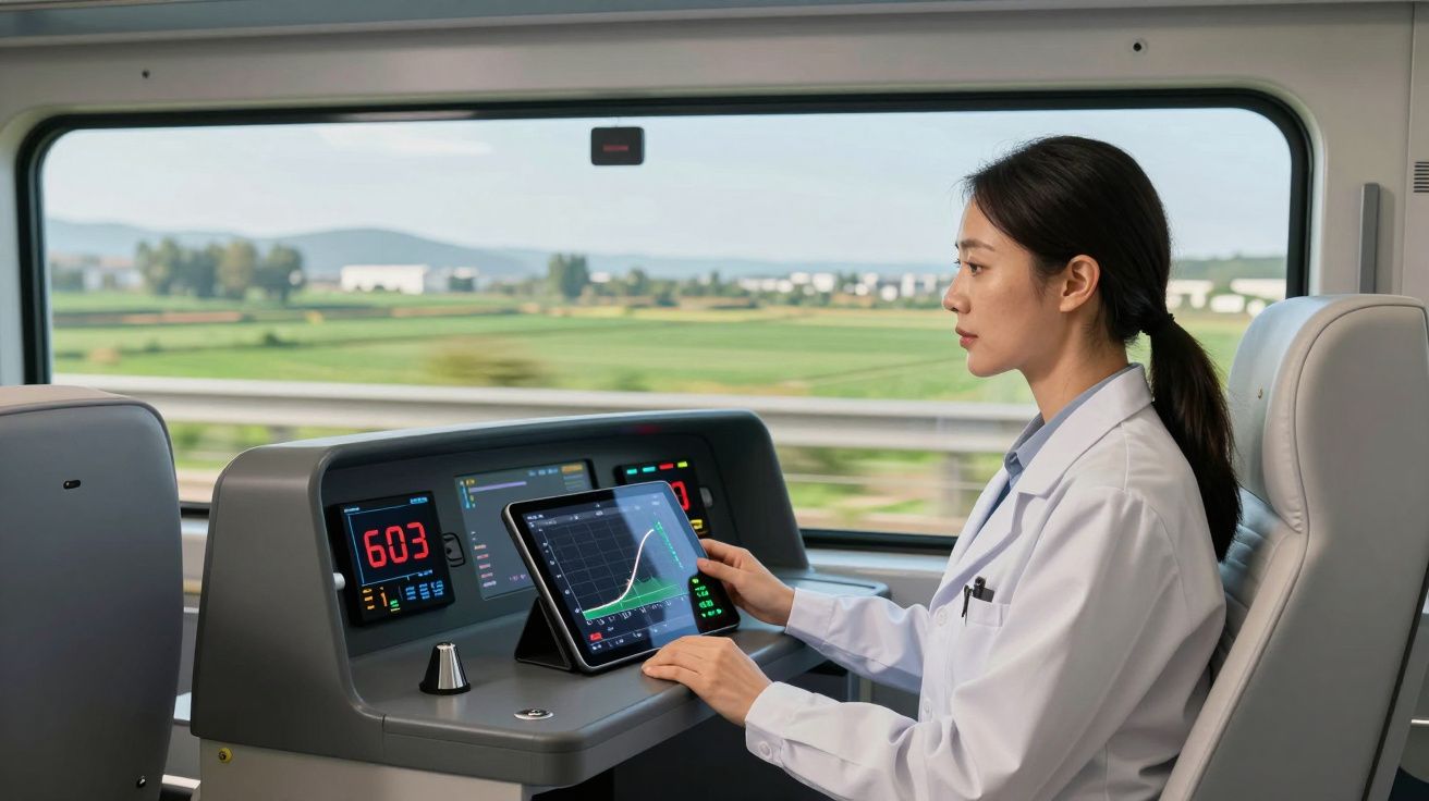 Mulher de bata branca opera painel de controle com ecrãs digitais num comboio em movimento, vistas de campos verdejantes.