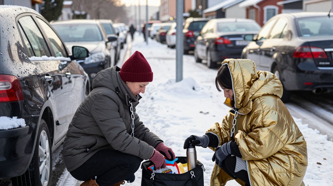 Duas pessoas com roupas de inverno preparam lanche na neve ao lado de uma rua com carros estacionados.