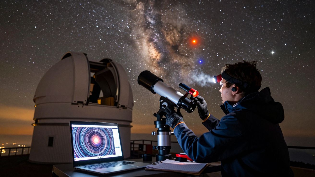 Astrónomo observa estrelas no céu noturno com telescópio, perto de observatório, com laptop ao lado.
