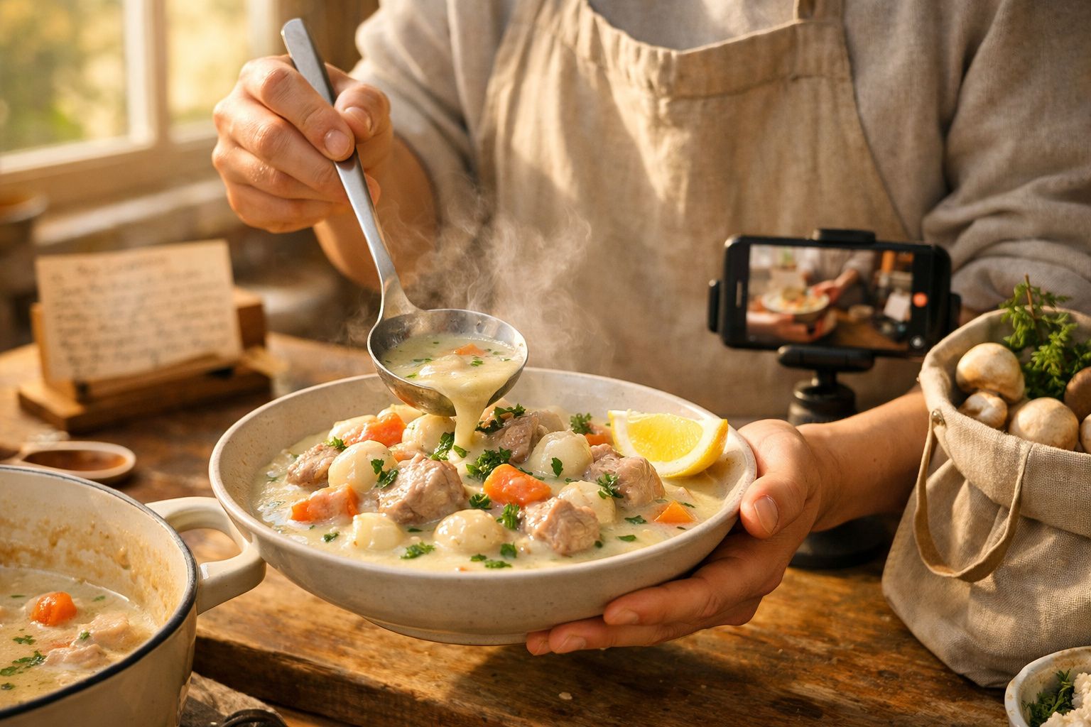 Pessoa servindo um guisado de carne e legumes, com câmara a gravar, num ambiente de cozinha rústica.