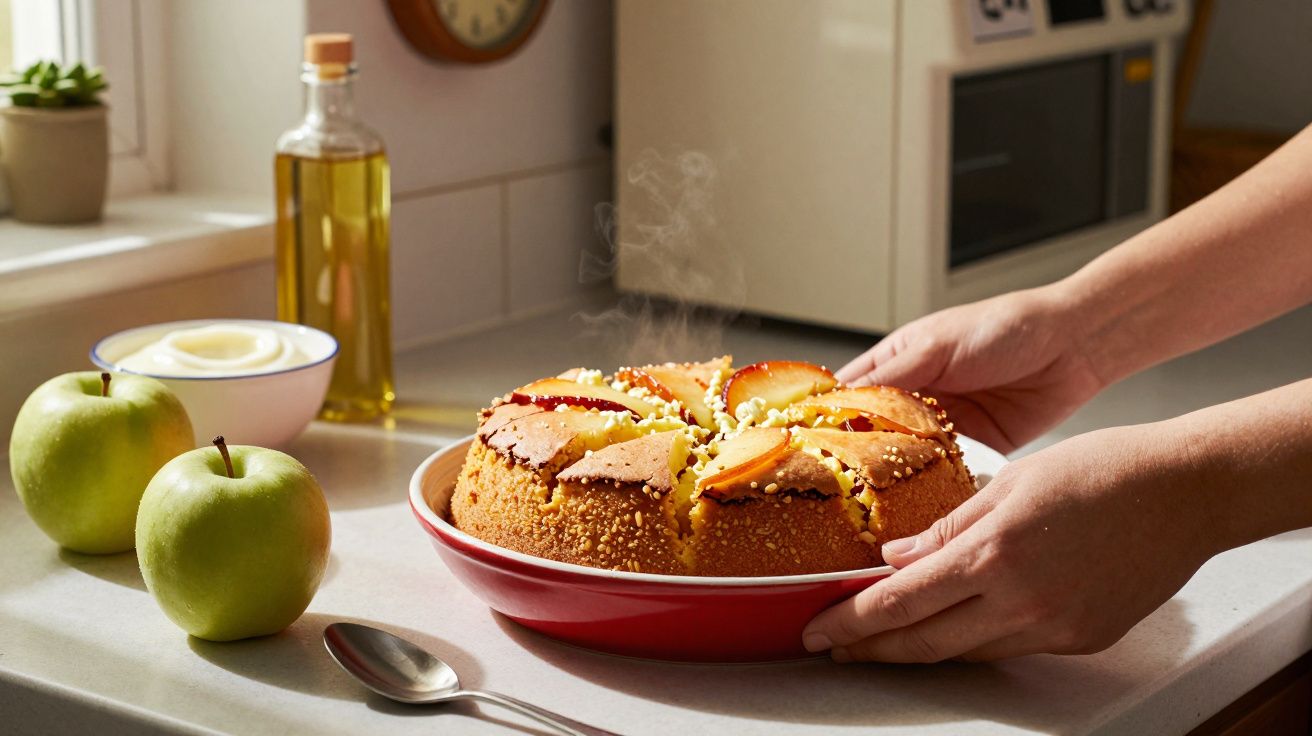 Pessoa a segurar um bolo com fatias de maçã na bancada da cozinha, ao lado de maçãs verdes e azeite.