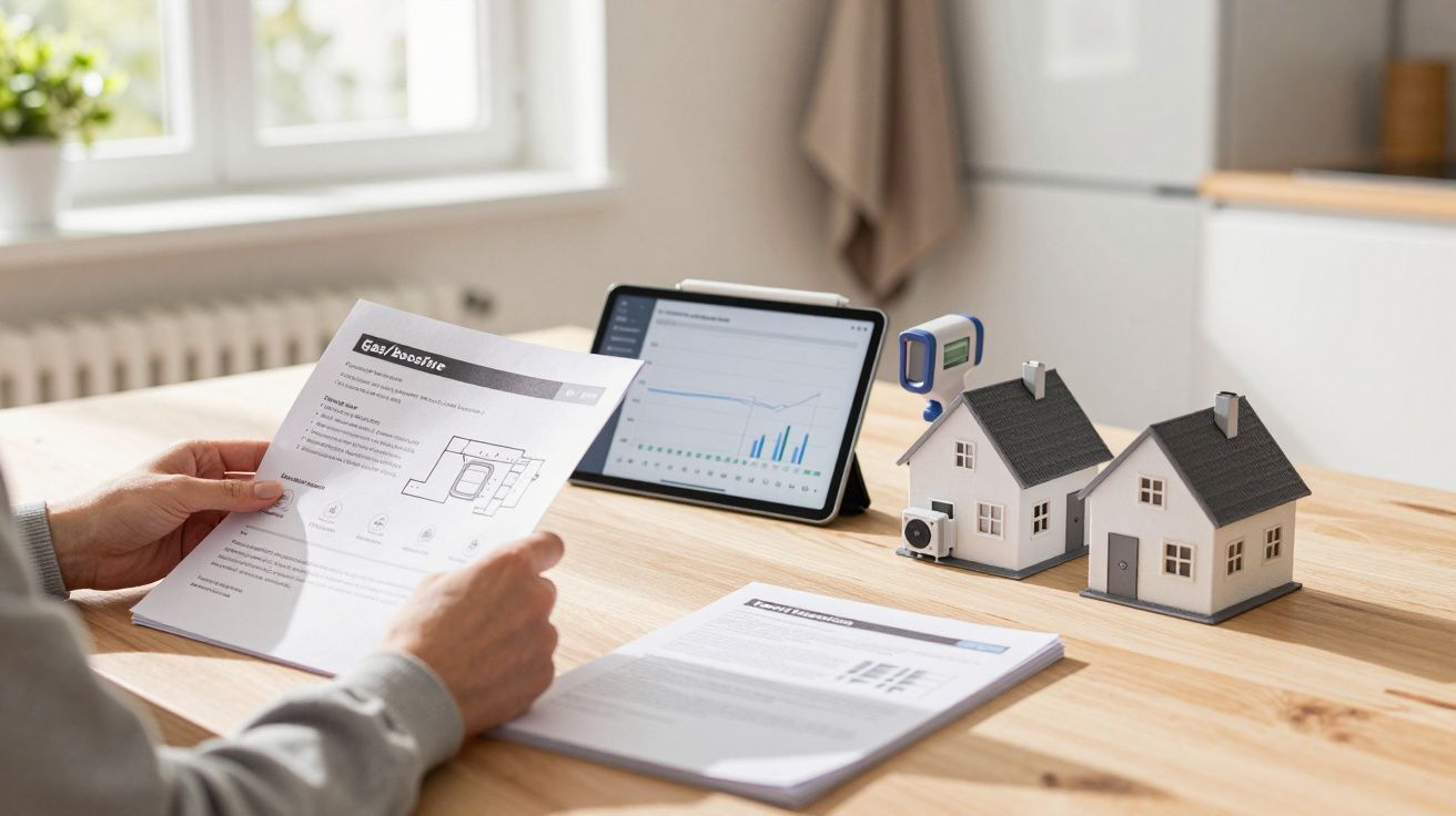 Pessoa analisa documentos de aquecimento com tablet mostrando gráficos e maquetes de casas na mesa.