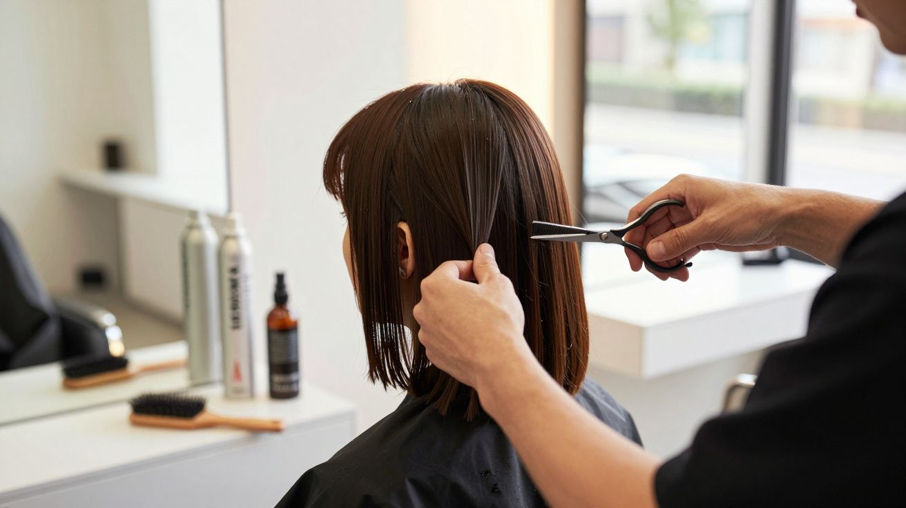 Pessoa a cortar cabelo castanho liso num salão de cabeleireiro.