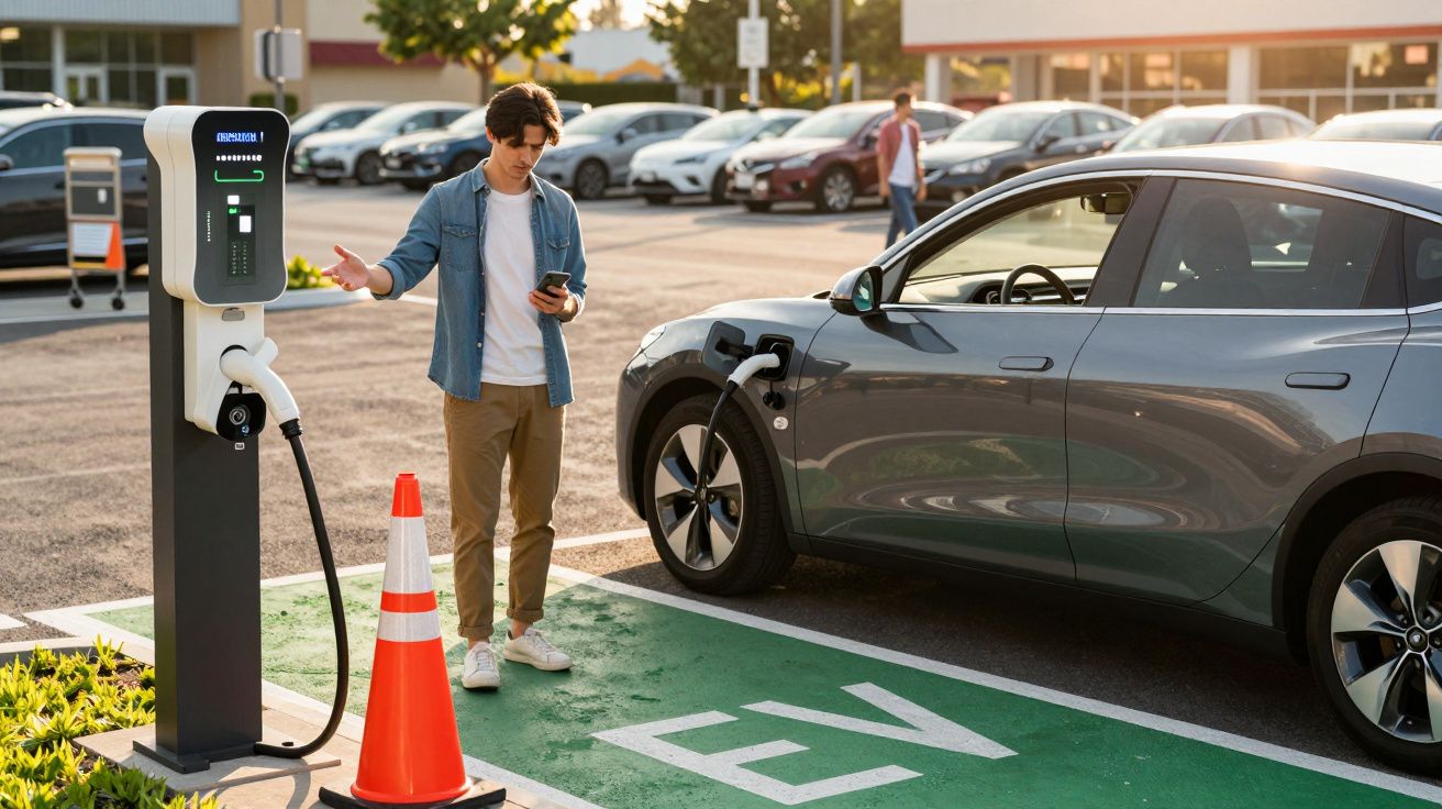 Homem verifica telemóvel enquanto carro elétrico carrega numa estação, num parque de estacionamento.
