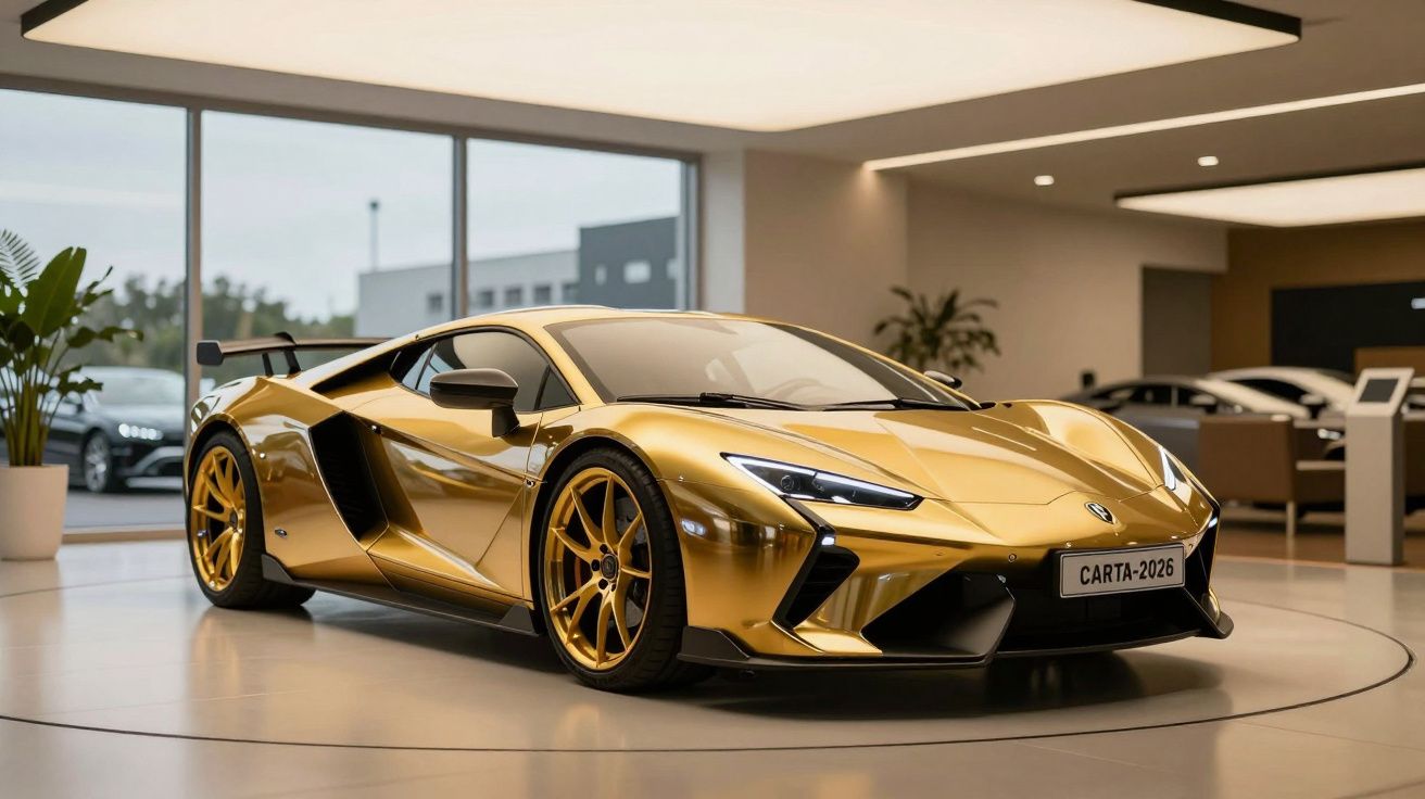 Carro desportivo dourado em exposição, com design aerodinâmico, num showroom moderno e iluminado.