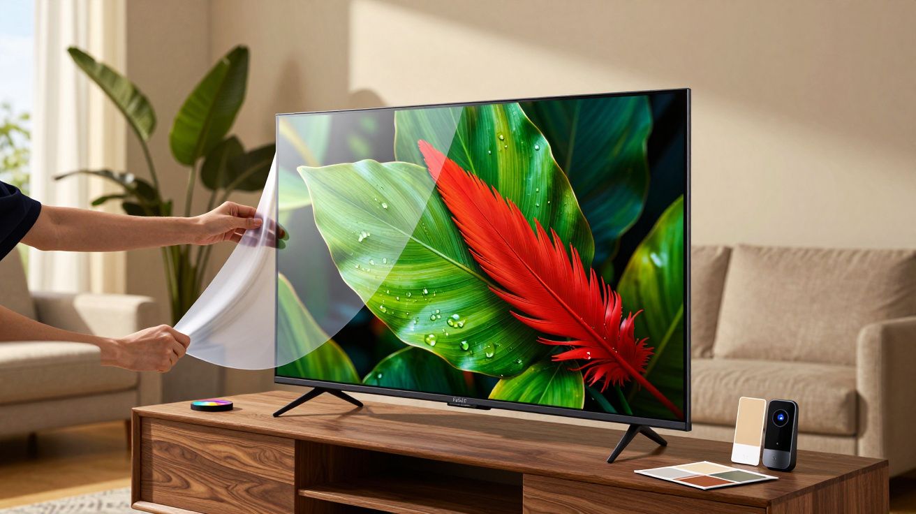 Pessoa a remover película de ecrã de televisão nova em sala moderna, com imagem de folhas verdes e pena vermelha.