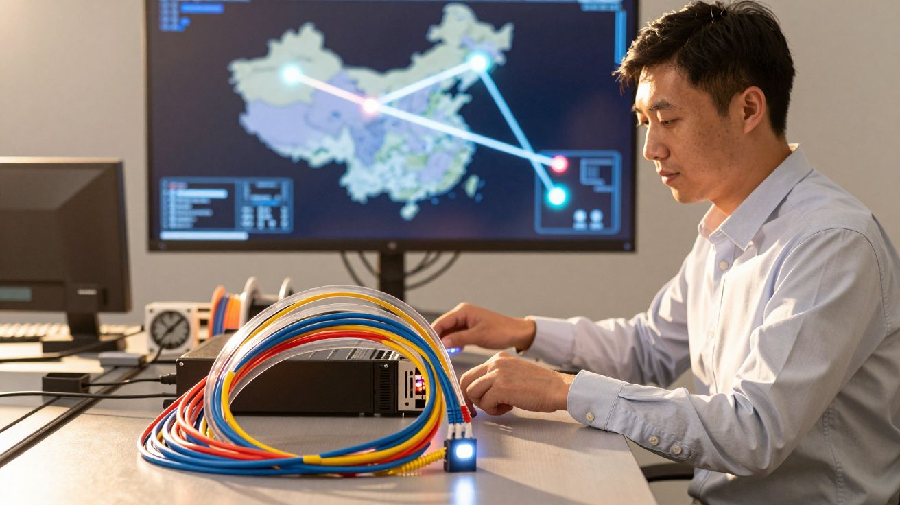 Homem trabalha com cabos de rede coloridos, computador e ecrã mostrando mapa e rotas iluminadas.