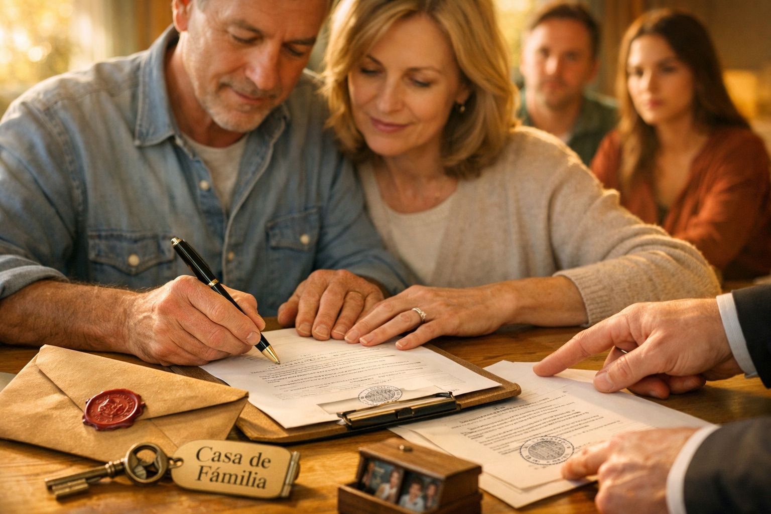 Casal a assinar documentos numa mesa de madeira, com duas pessoas ao fundo a observar, num ambiente acolhedor.