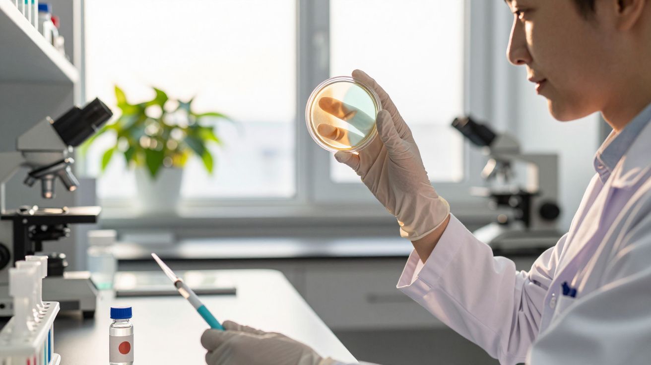 Cientista analisa uma placa de Petri em laboratório, usando luvas e equipamentos de pesquisa ao fundo.