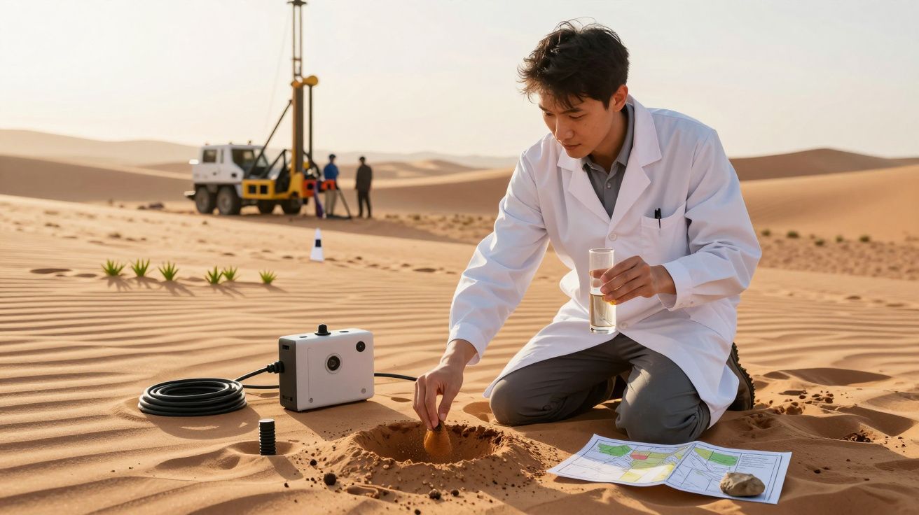 Cientista em deserto, recolhendo amostra de areia com equipamentos e mapas, veículo ao fundo.