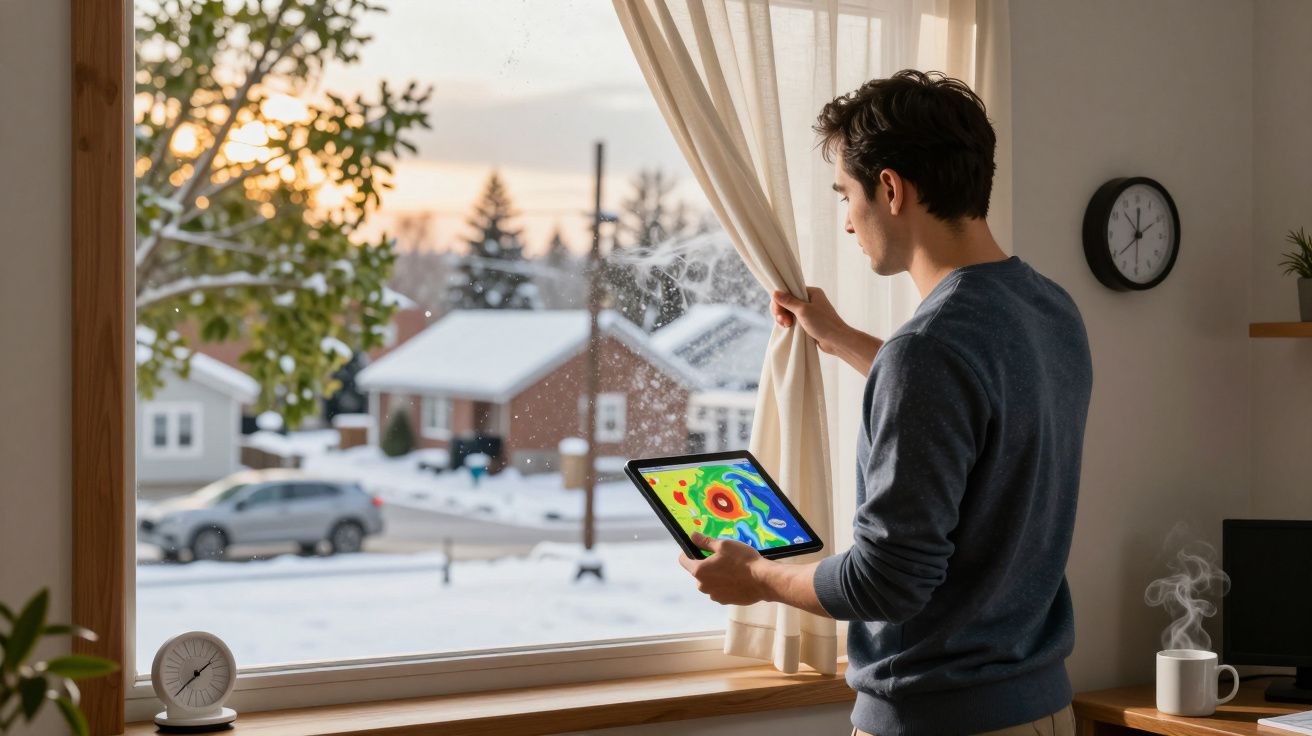 Homem olha pela janela com tablet mostrando previsão do tempo, neve do lado de fora e relógio na parede.