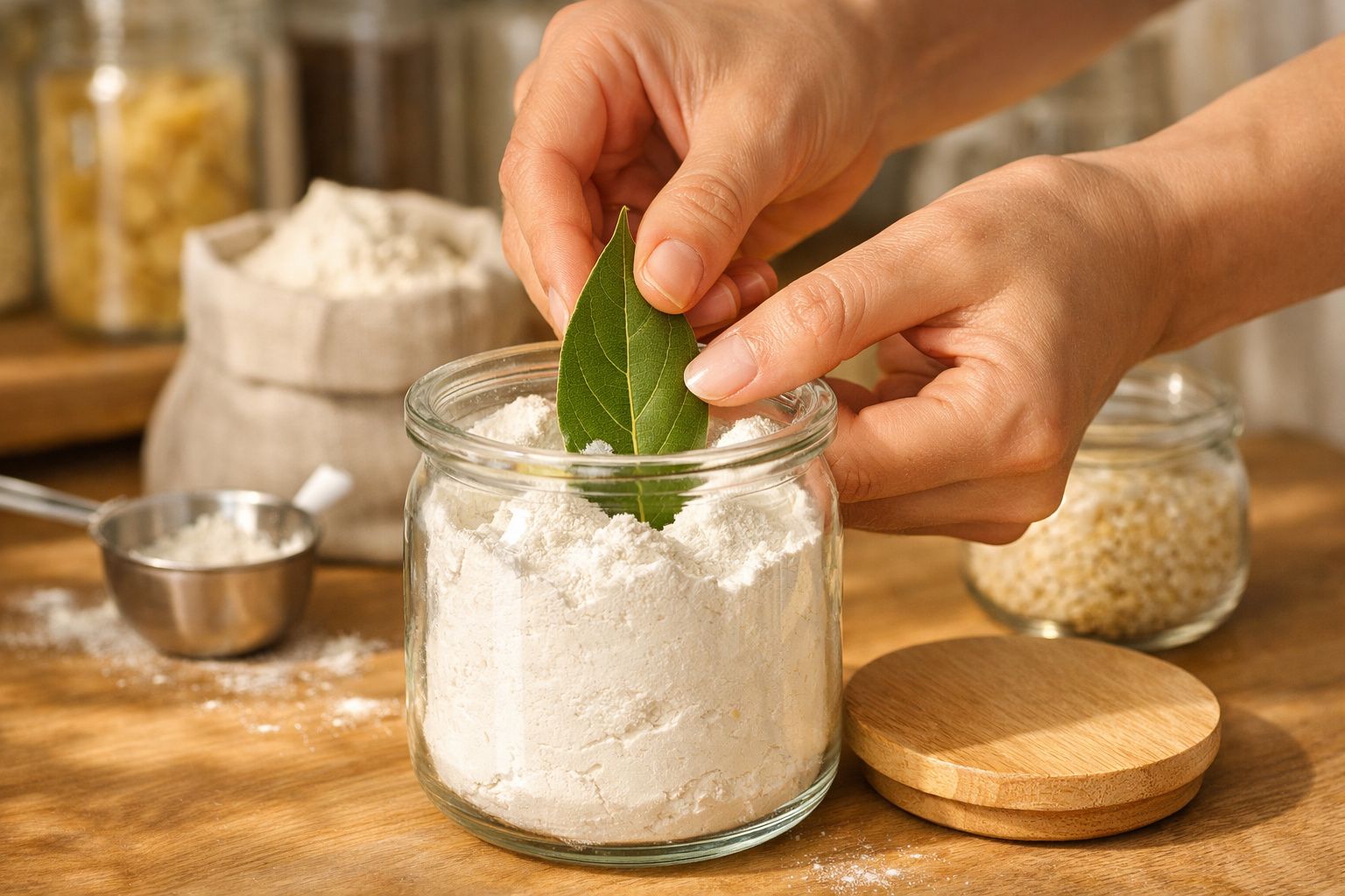 Mãos colocam uma folha de louro num frasco de farinha, com ingredientes de cozinha ao fundo.