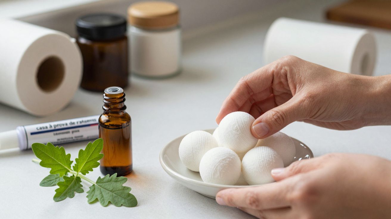 Mãos seguram prato com bolas brancas. Frascos de vidro e folhas sobre a mesa.