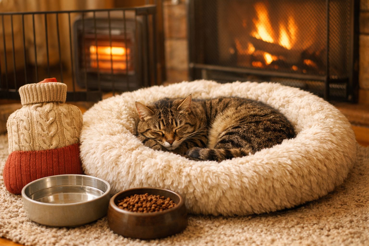 Gato a dormir numa cama felpuda em frente à lareira, com mãos ajustando cobertor perto de taça de comida.