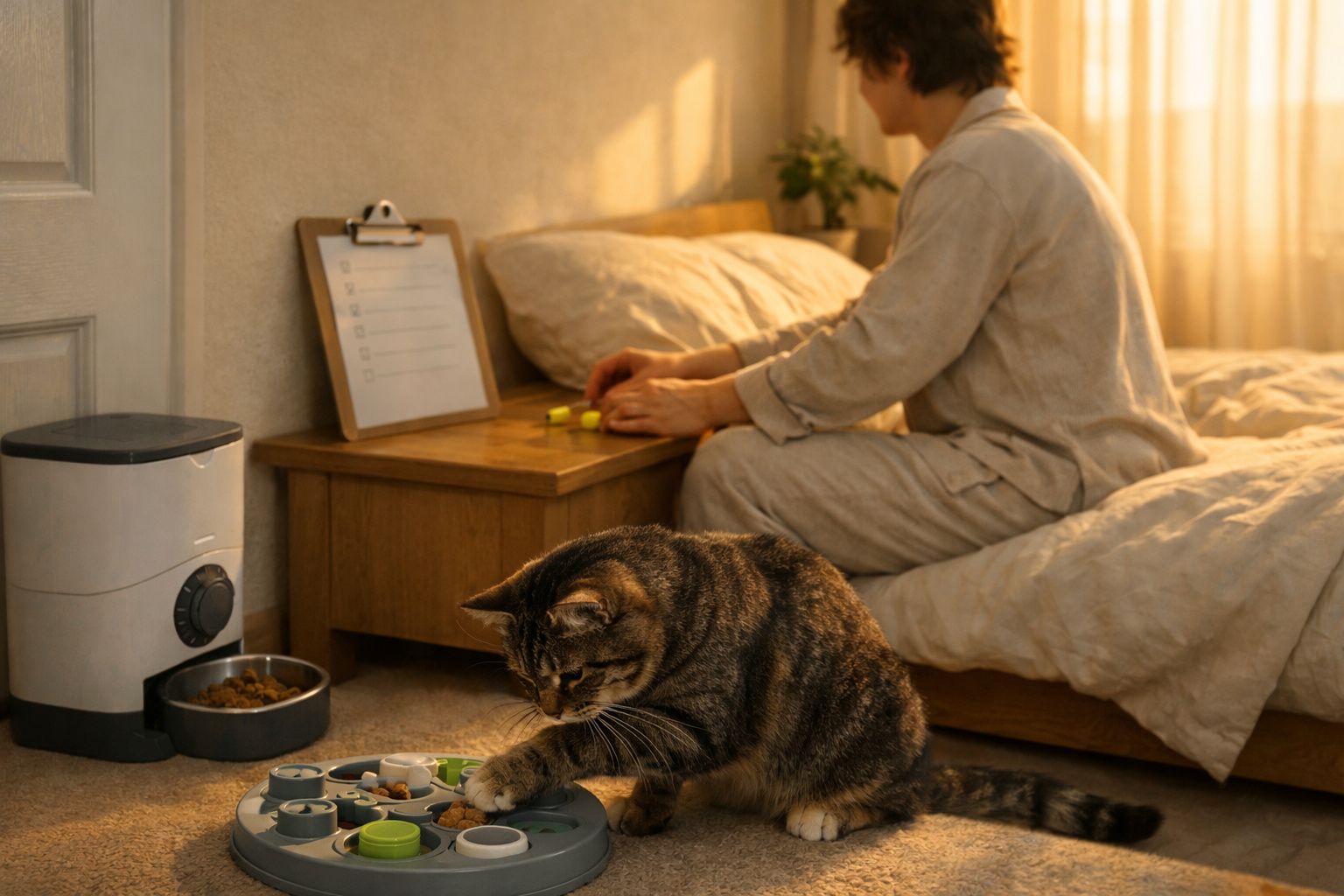 Mulher em pijama ajusta alimentador de gato enquanto gato toca a porta.