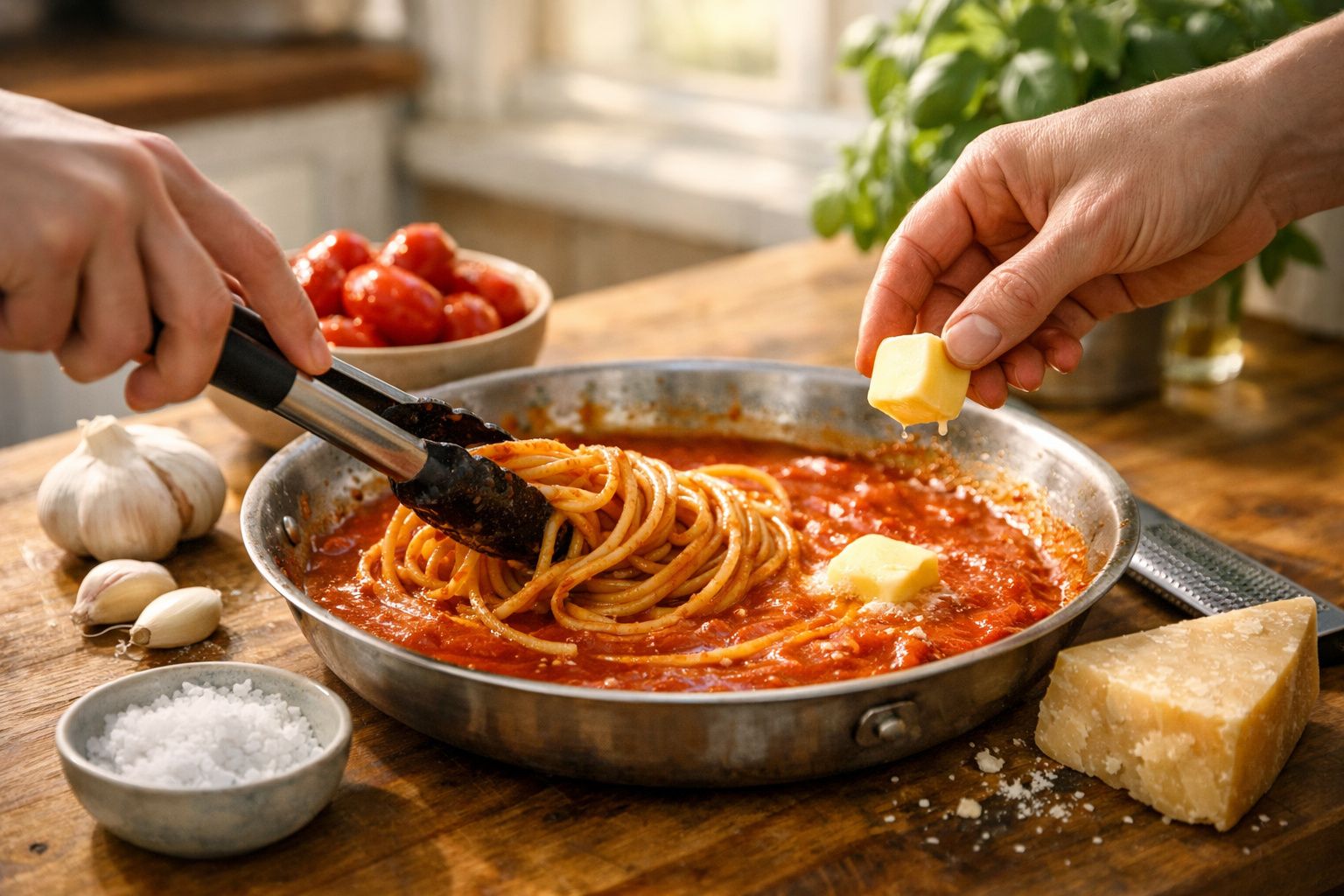 Duas mãos cozinham esparguete num molho de tomate, adicionando manteiga. Ingredientes frescos estão na mesa.