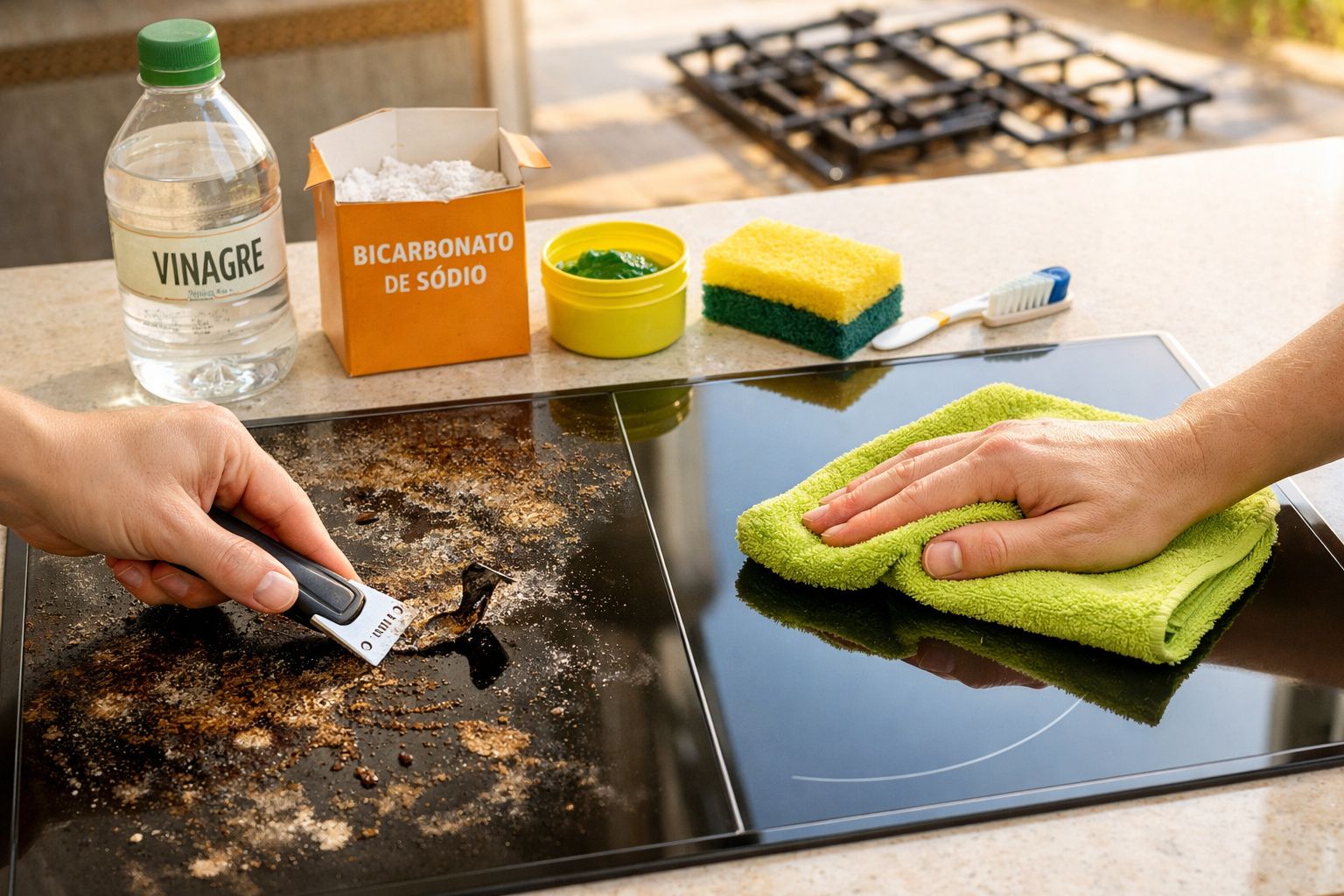 Mãos a limpar placa de fogão com raspador e pano, vinagre e bicarbonato ao fundo.