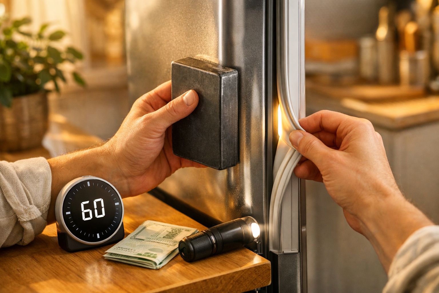 Mãos ajustam vedação da porta do frigorífico, com íman de sol sorridente; documentos e timer sobre a bancada.