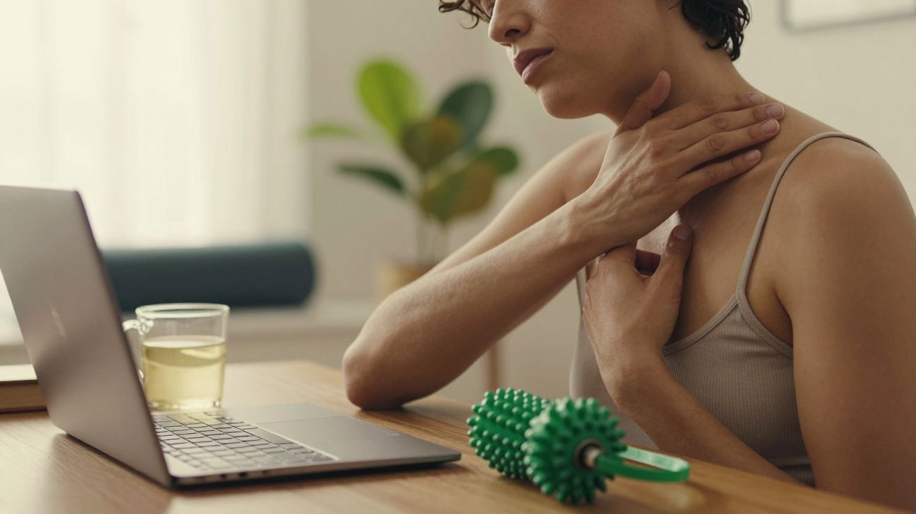 Mulher tocando no pescoço enquanto olha para laptop, com chá e rolo de massagem verde na mesa.