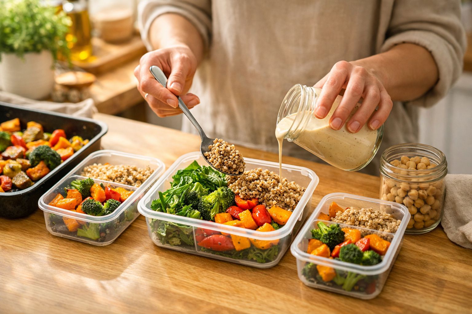 Pessoa a preparar marmitas com quinoa, legumes assados e molho numa cozinha.