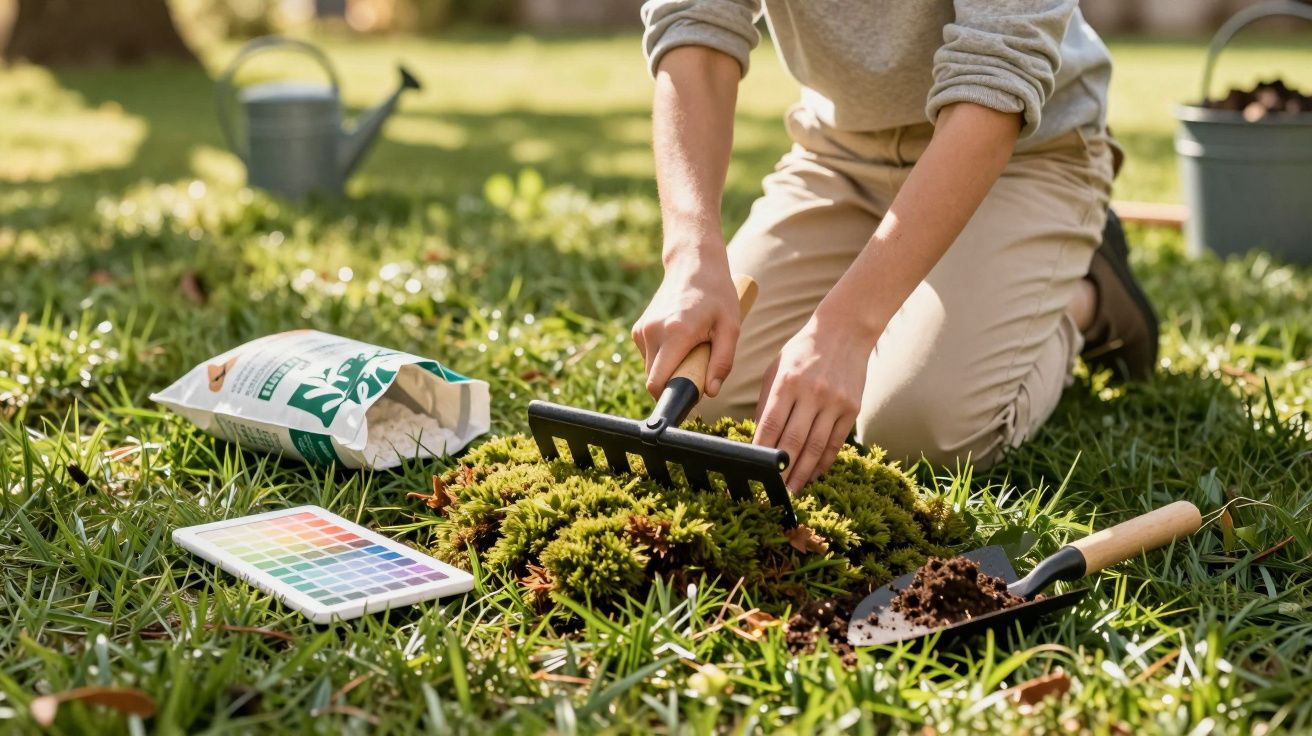 Pessoa a cuidar de um jardim com ancinho e pá. Ao lado, saco de terra e paleta de cores.