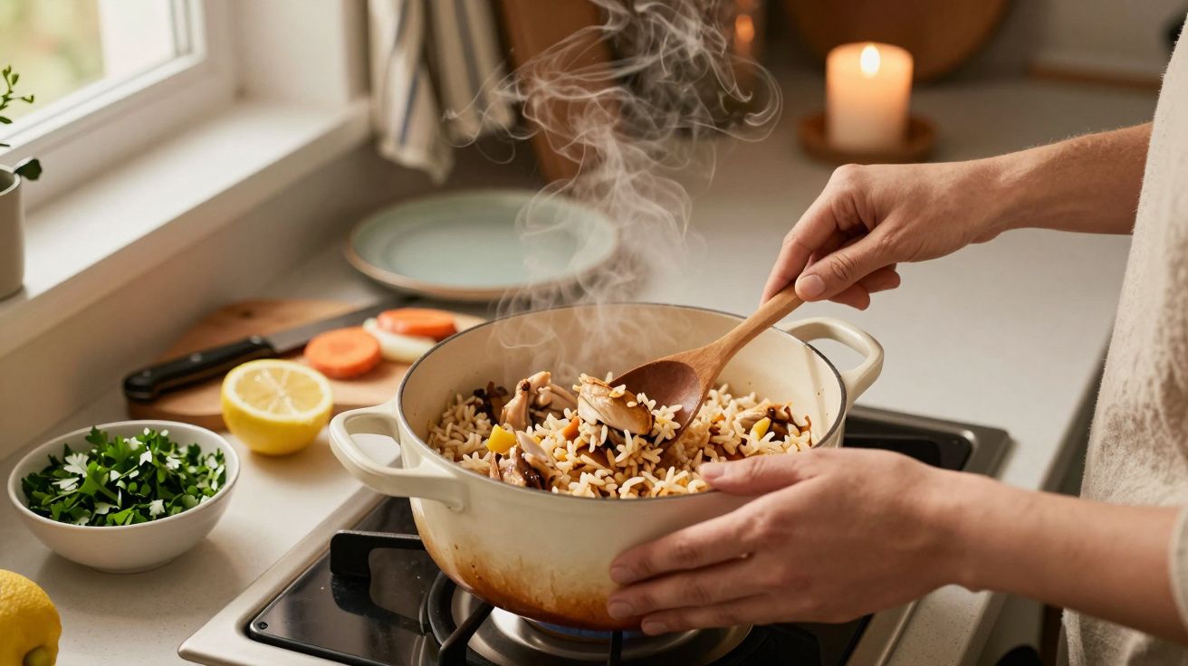 Pessoa cozinha arroz numa panela ao lume, com vapor visível. Há limão e salsa numa bancada.