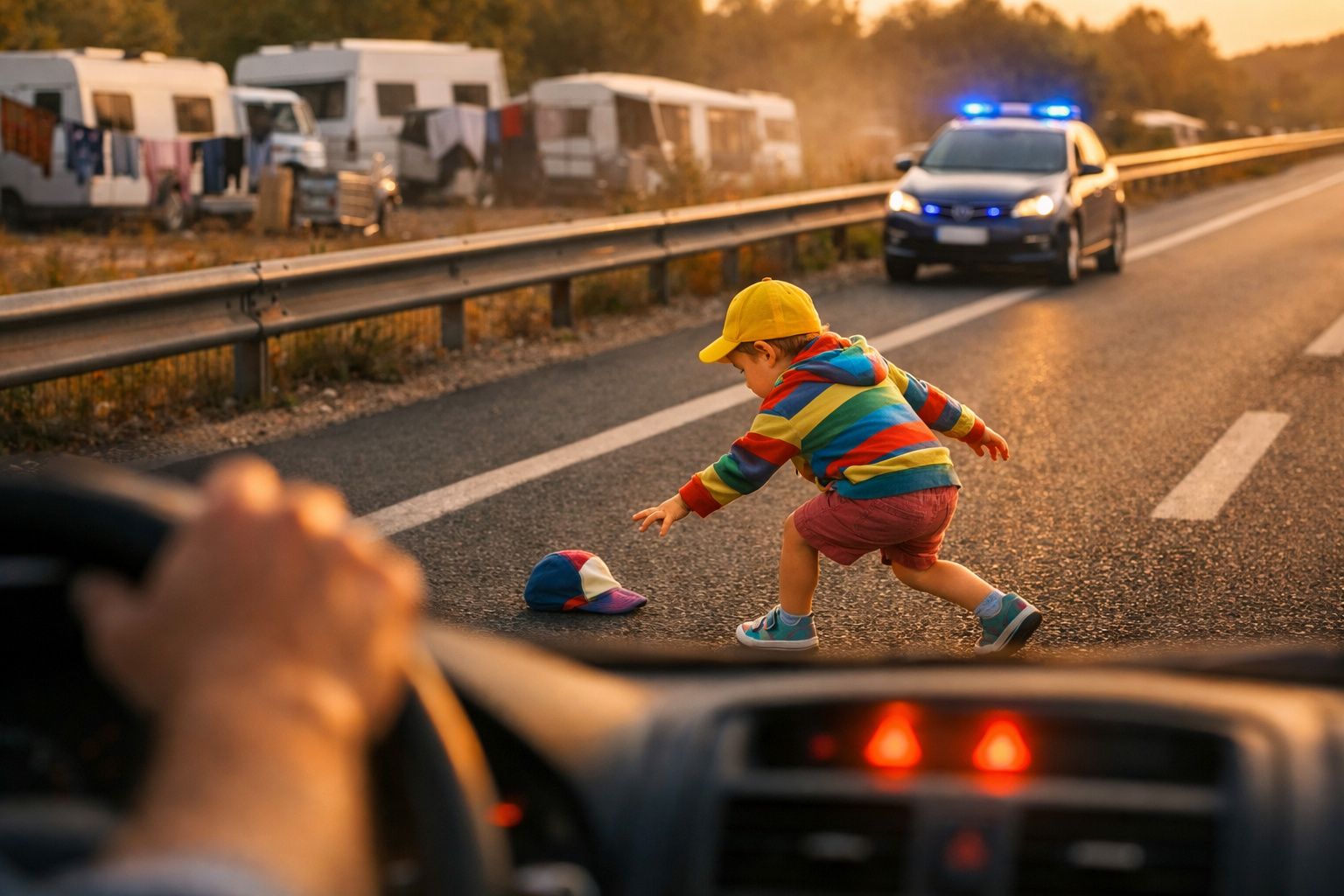 Criança apanha boné na estrada, polícia com luzes acesas ao fundo e carros estacionados.