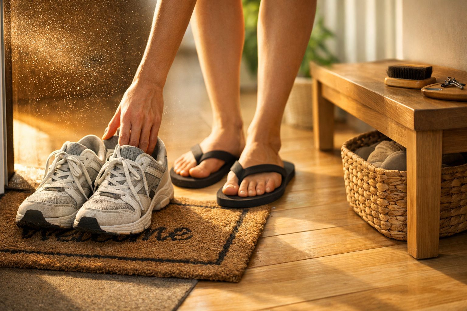 Pessoa a trocar sandálias por ténis numa entrada com tapete e banco, ao lado de uma cesta com sapatos.