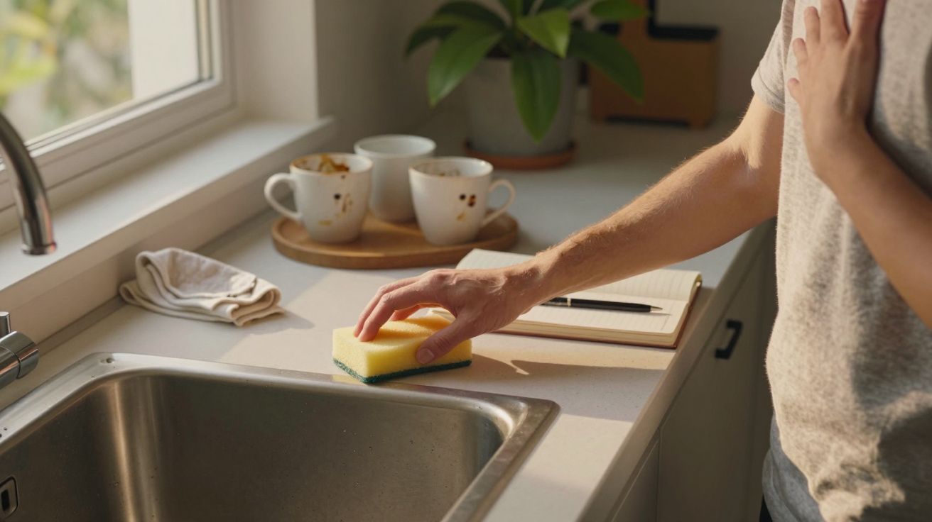 Mão de pessoa limpando bancada da cozinha com esponja amarela, ao lado de lava-loiça, chávenas e plantas.