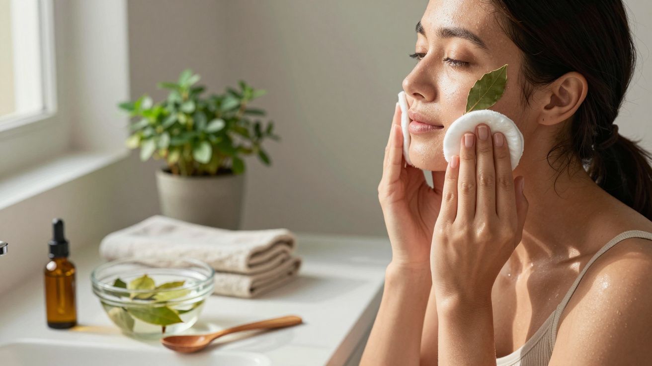 Mulher cuida da pele com toalha no rosto, toalhas e planta ao fundo, em casa de banho iluminada.