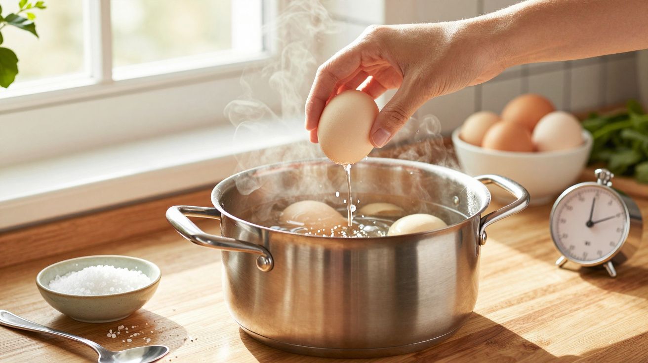 Mão coloca ovo numa panela com água a ferver na cozinha, ao lado de um temporizador e tigela de sal.