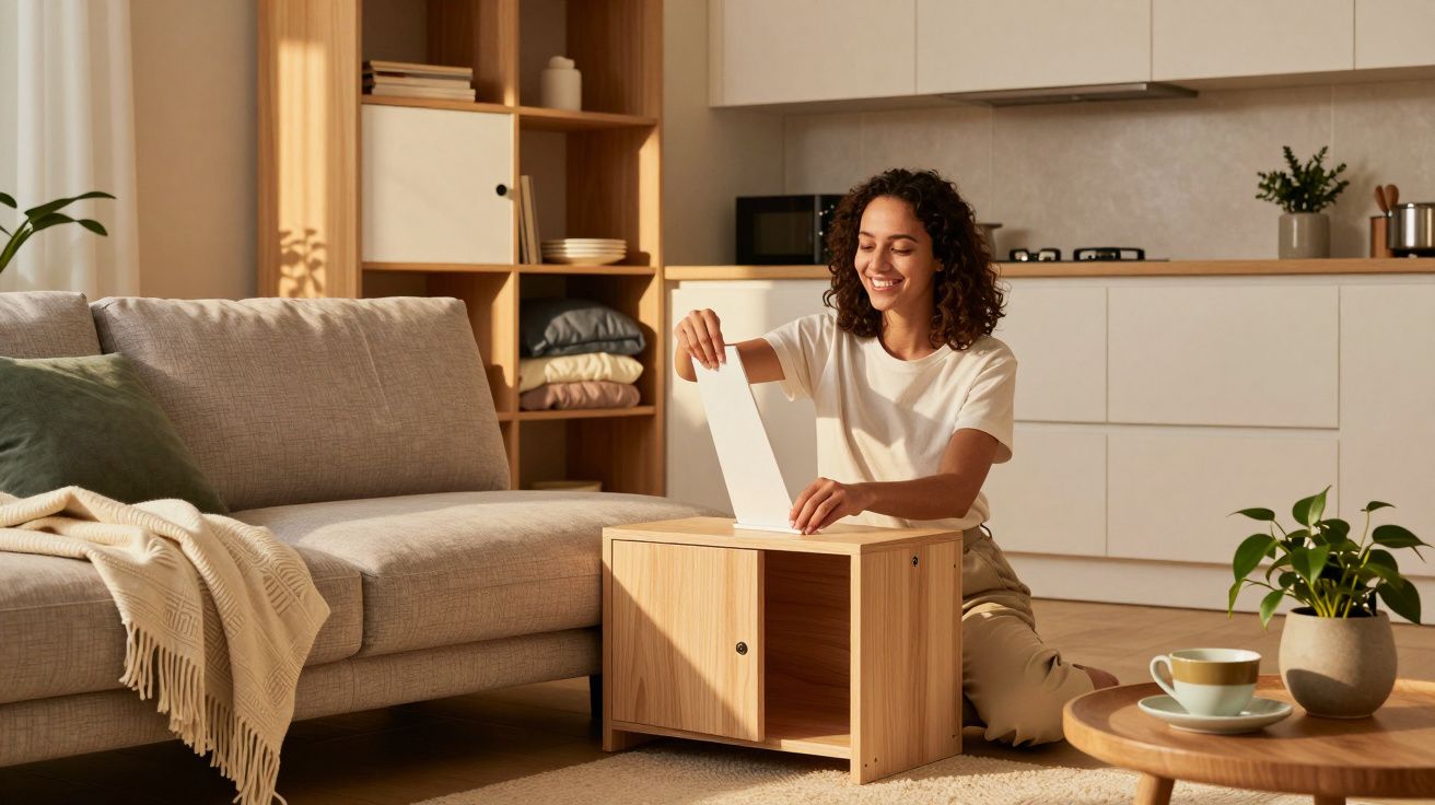 Mulher sorridente sentada no tapete, guarda objeto numa mesa de madeira na sala iluminada pelo sol, com sofá e plantas.