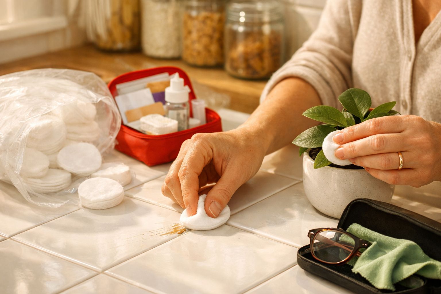 Pessoa limpa superfície de madeira com algodão, ao lado de caixa de primeiros socorros e óculos.
