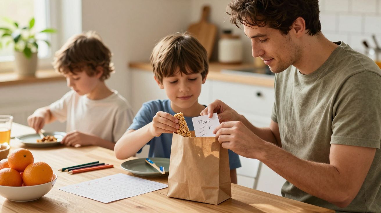 Pai e dois filhos a preparar lanches na cozinha, com um saco de papel e laranjas sobre a mesa.