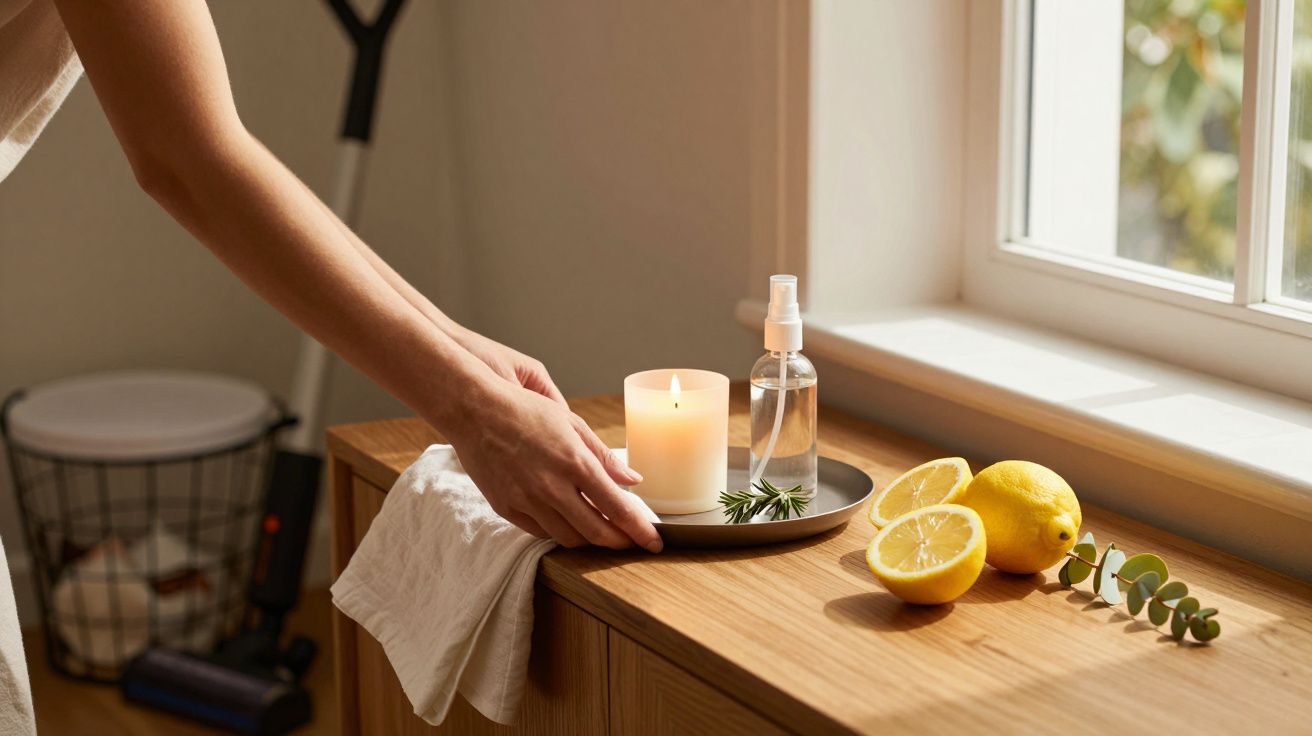 Mão ajusta vela sobre mesa de madeira com limões, raminho de alecrim e frasco de spray ao lado de janela iluminada.