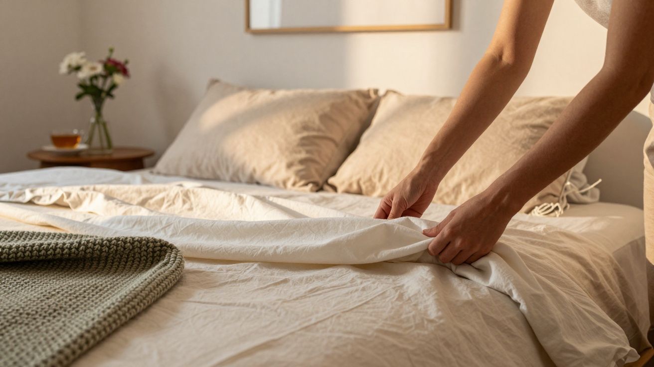 Pessoa a fazer a cama com lençóis brancos, almofadas bege e mesa-de-cabeceira com flores e chá.