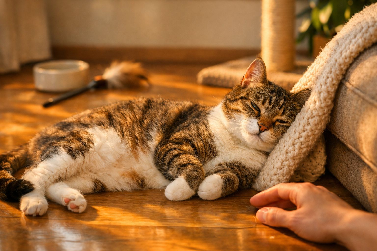 Gato tigrado deitado no sofá, recebendo carinho na cabeça e parecendo contente.