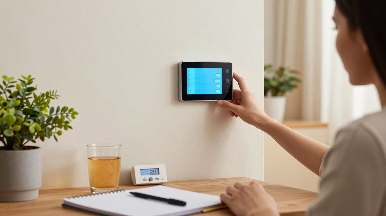 Mulher ajusta termóstato digital numa parede; mesa com caderno, caneta e bebida ao lado.