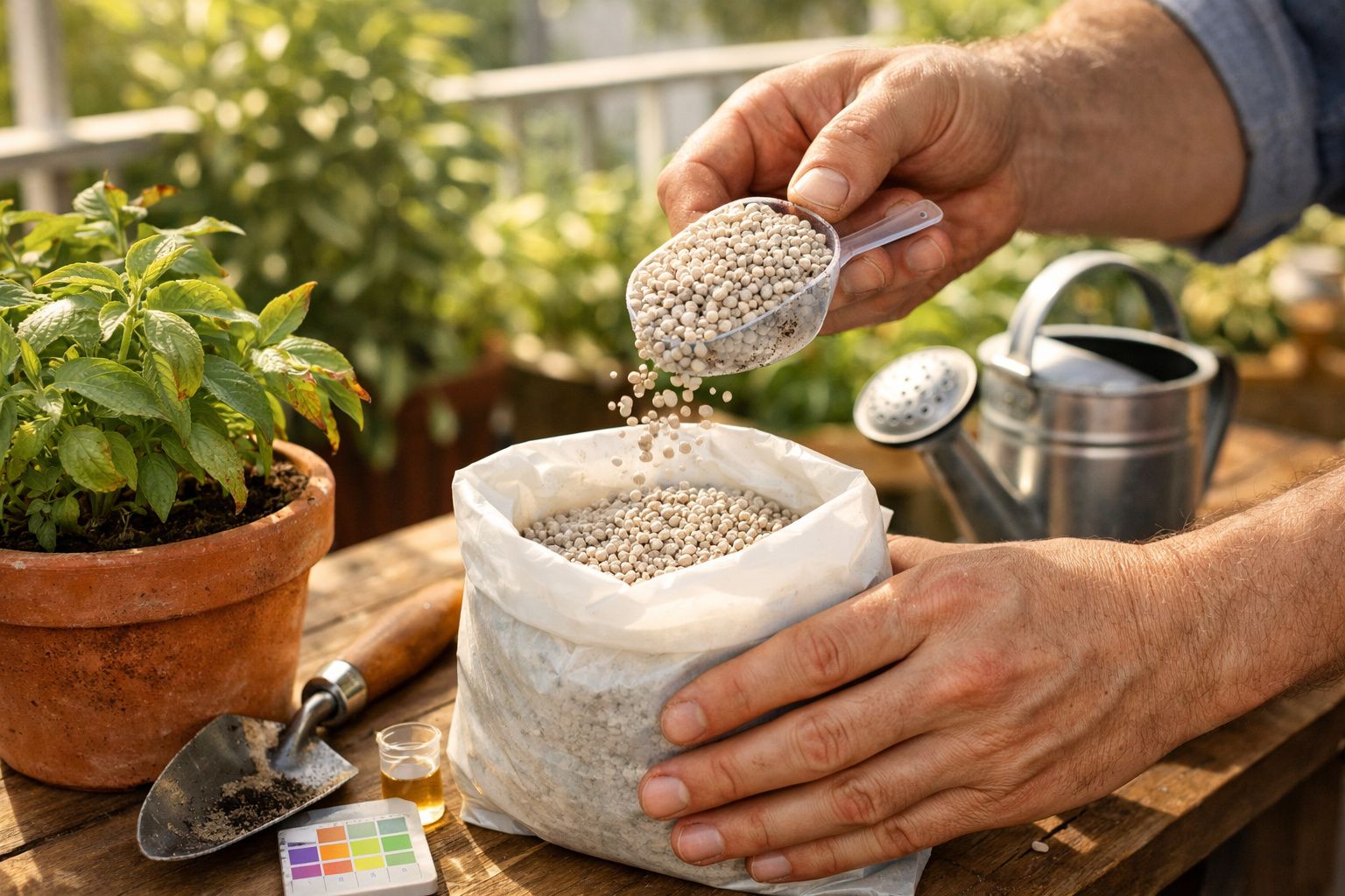 Homem a colocar fertilizante granulado num vaso com plantas, ao ar livre, com regador e ferramentas de jardinagem.