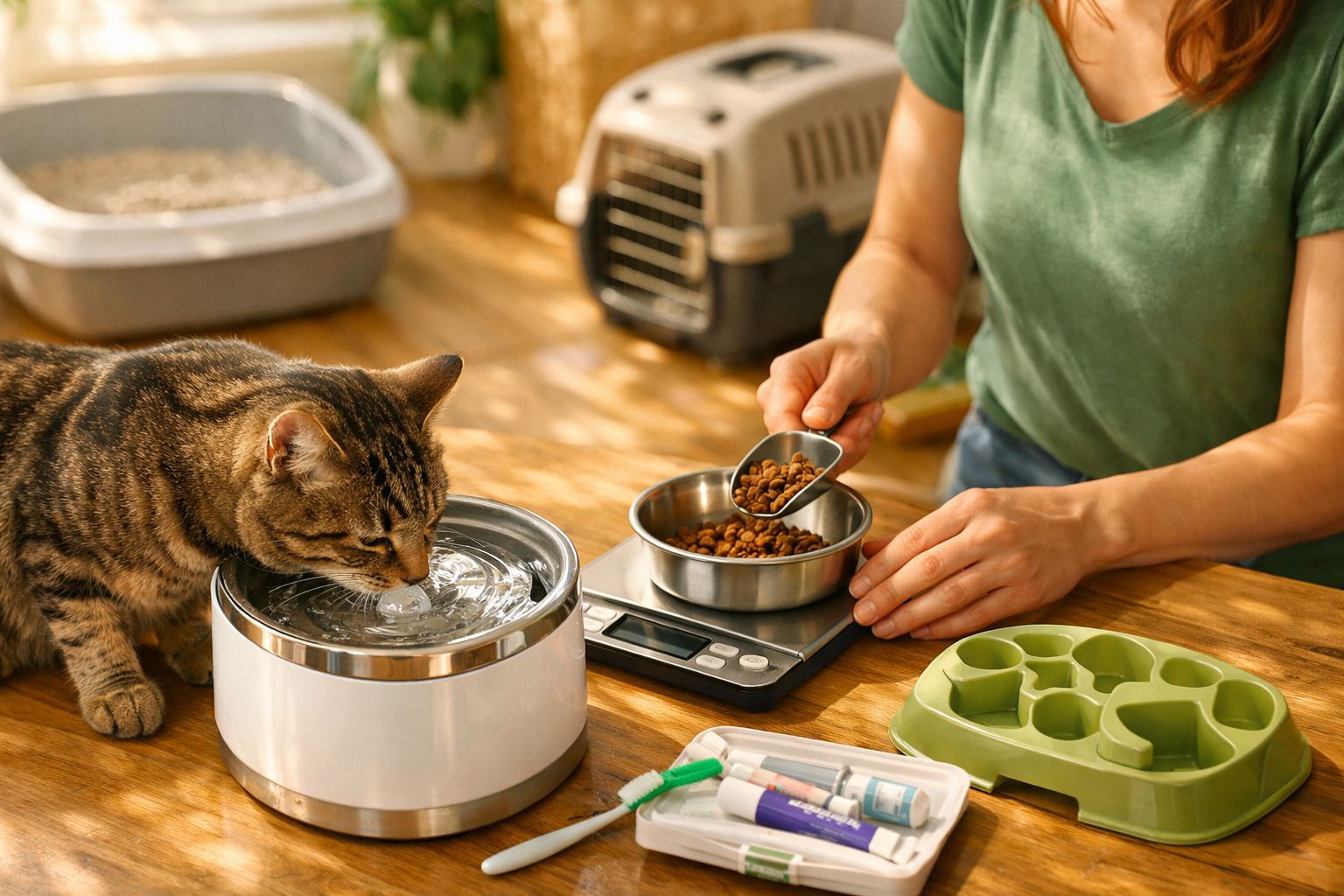 Mulher segura tigela de água enquanto gato bebe, com tigela de comida e acessórios de gato ao lado.