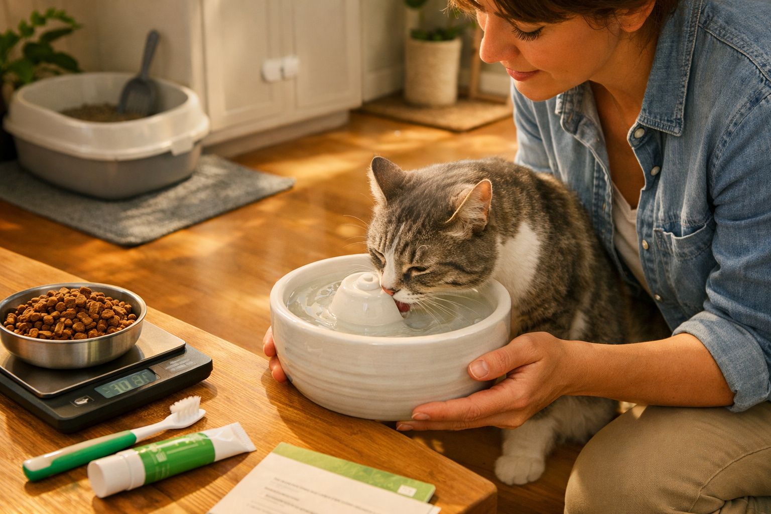 Mulher a segurar tigela de água enquanto um gato cinzento e branco bebe dela numa sala com chão de madeira.
